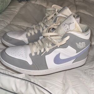 Nike Air Jordan 1 Mid Gray and White with Purple Swoosh